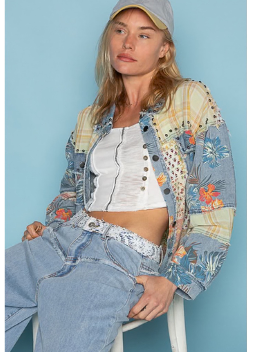 NEW POL Denim Multi Patchwork Floral & Plaid Shacket in Blue, Yellow, Cream - Picture 2 of 6